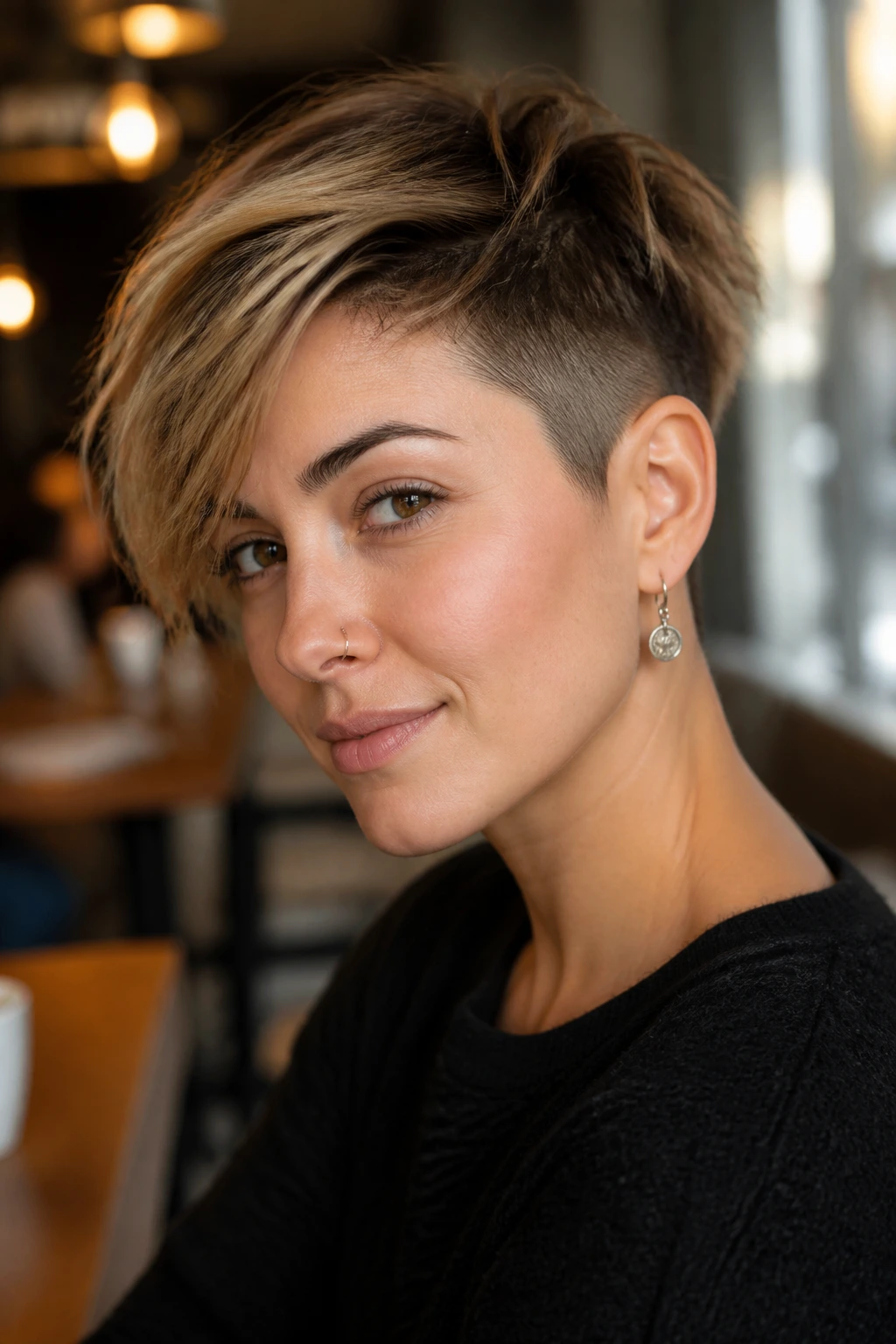 Real woman with a soft undercut pixie in a warm cafe setting.