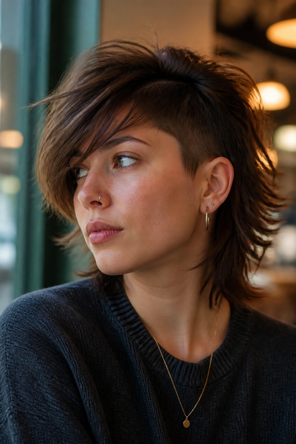 Close-up portrait of a real person with soft undercut shag and side-swept bangs