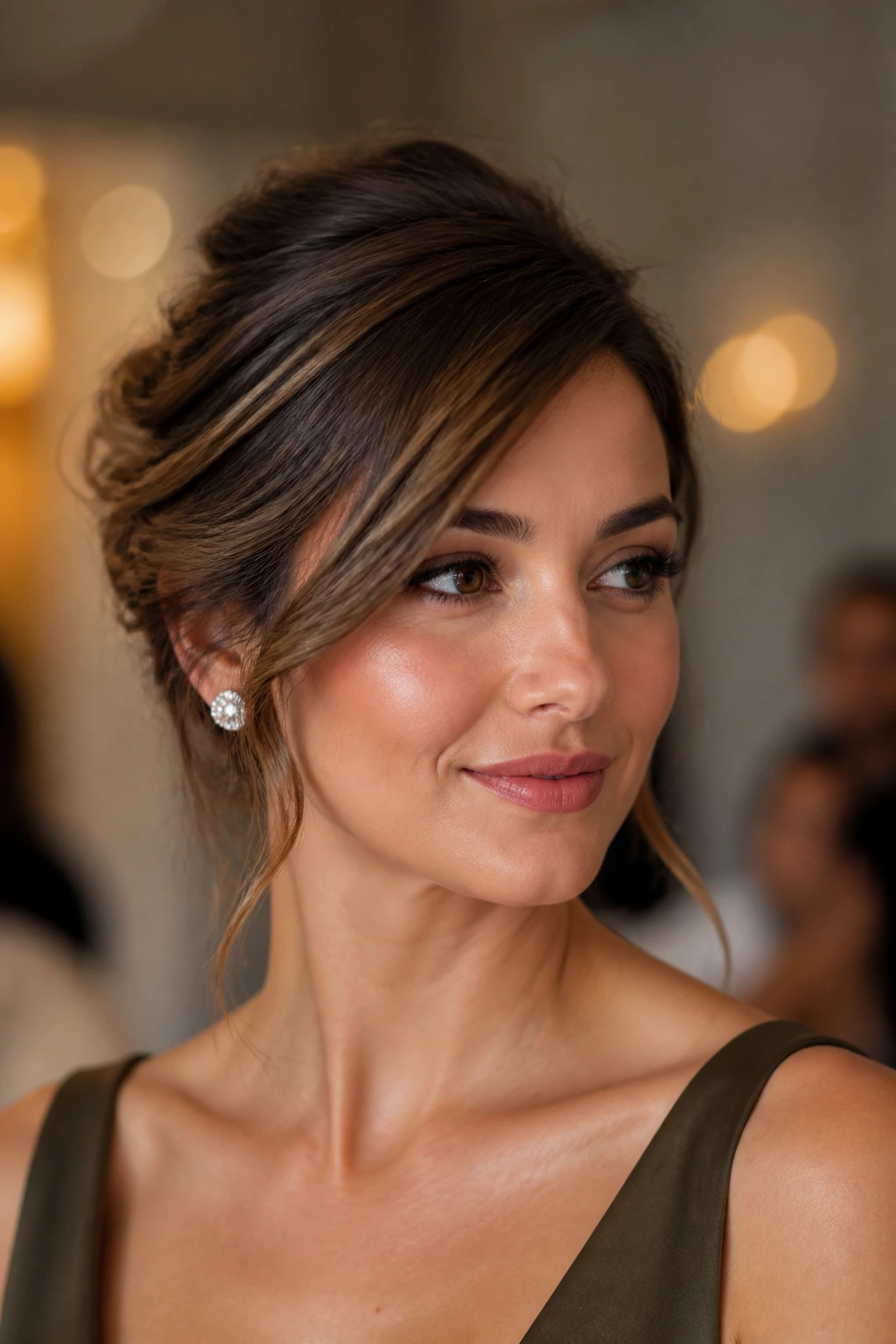 Close-up of a real woman with a soft updo and side-swept front section.