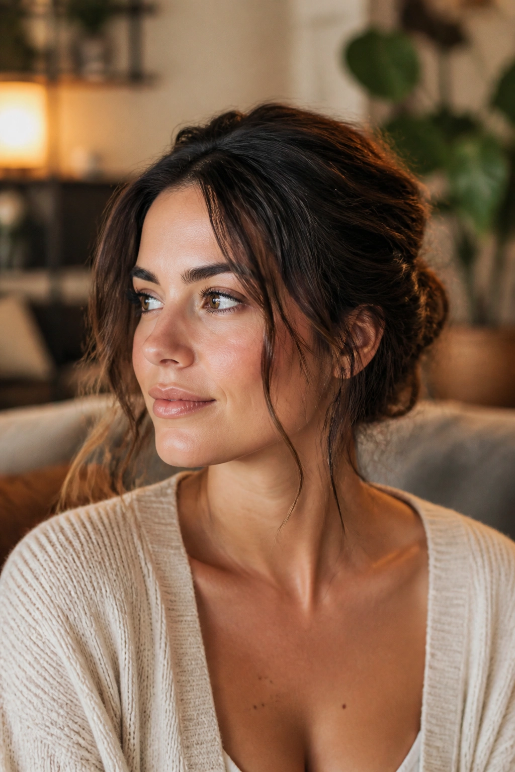 Close-up real-woman portrait with a soft updo and tendrils framing the face