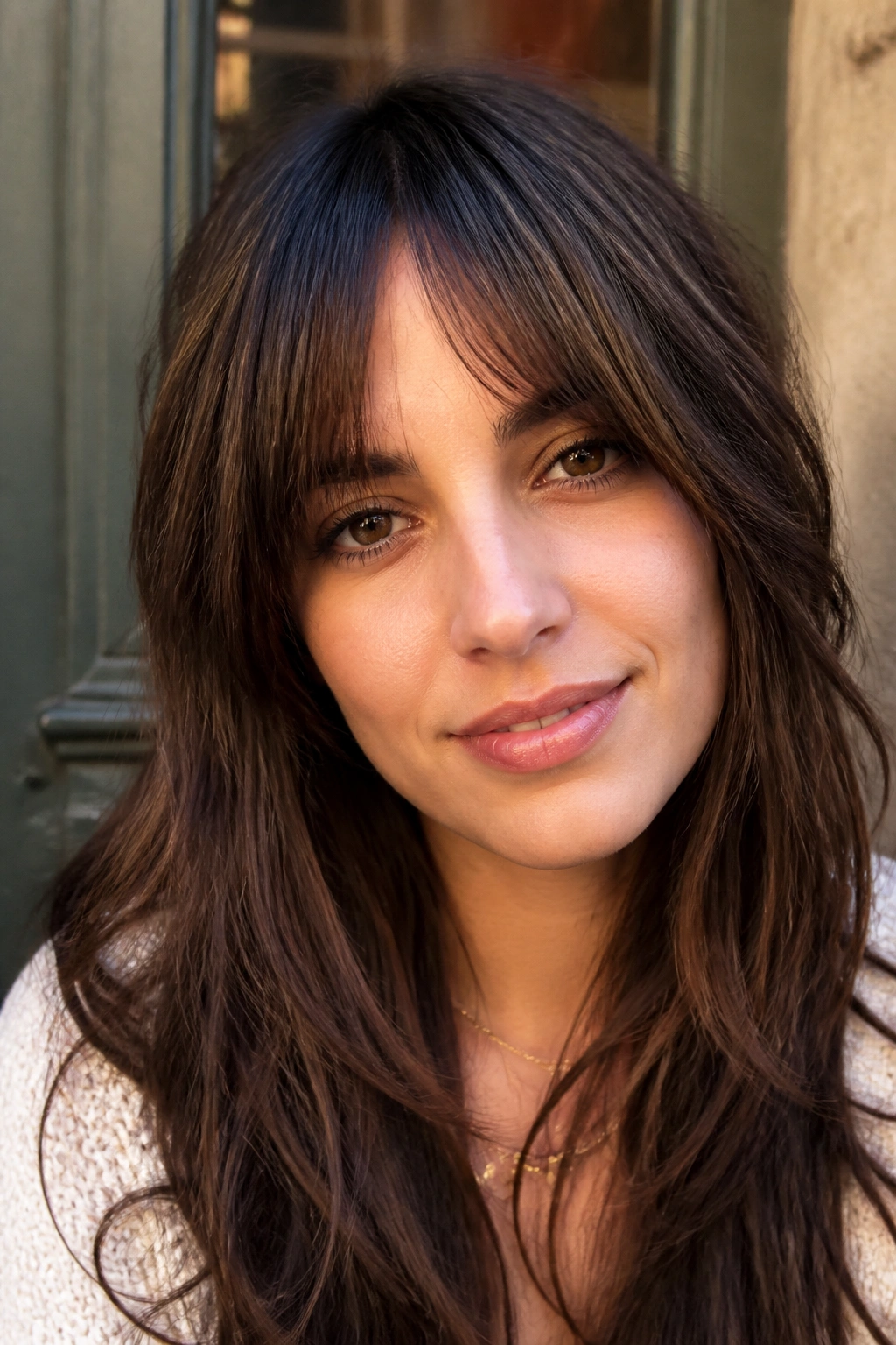 Real woman with a soft V-shaped choppy fringe at an urban doorway in warm light