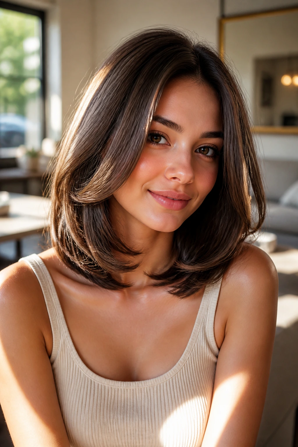 Close-up of a real person with a soft voluminous lob and rounded under ends