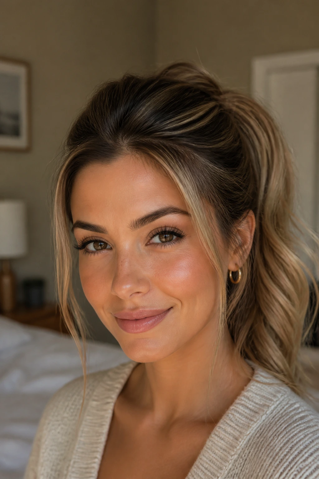 Close-up of a real woman with a soft voluminous ponytail and teased crown
