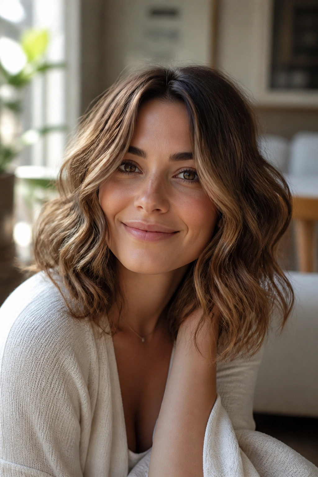 Close-up of a real woman with soft everyday wand curls and airy movement in natural light