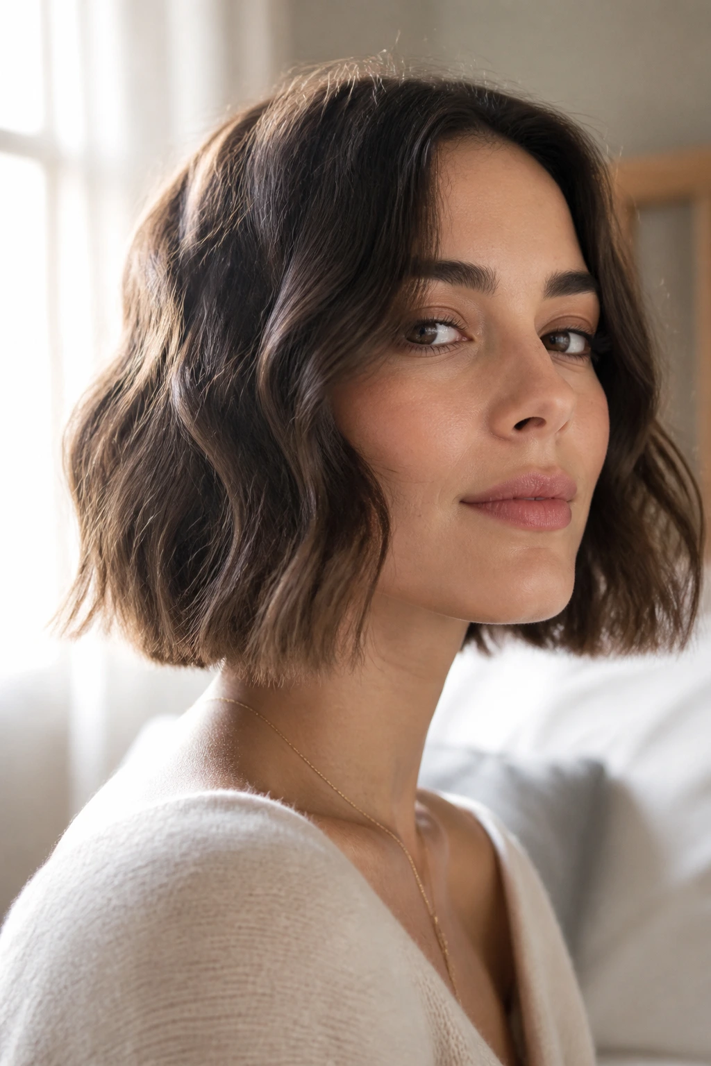 Close-up portrait of a real woman with a chin-length soft wave bob in warm natural light
