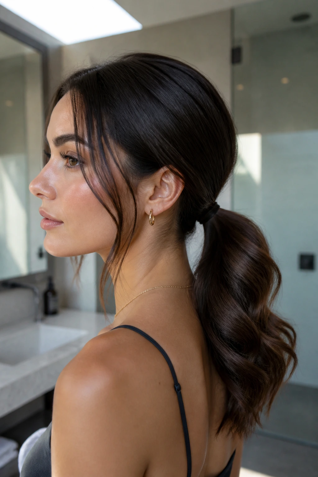 Close-up of a real woman with a low ponytail and soft wave ends.