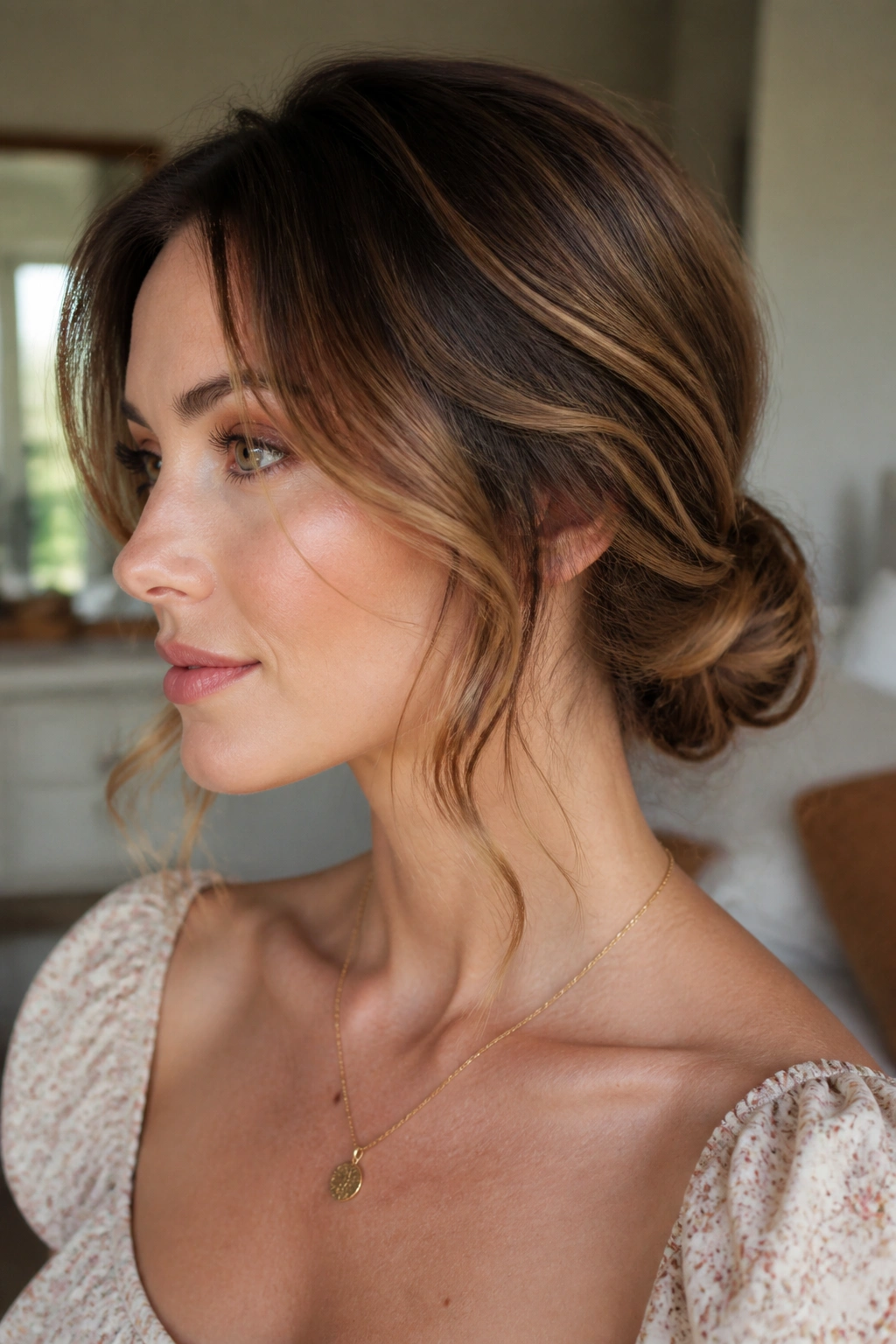 Close-up of a woman with soft waves leading to a low bun