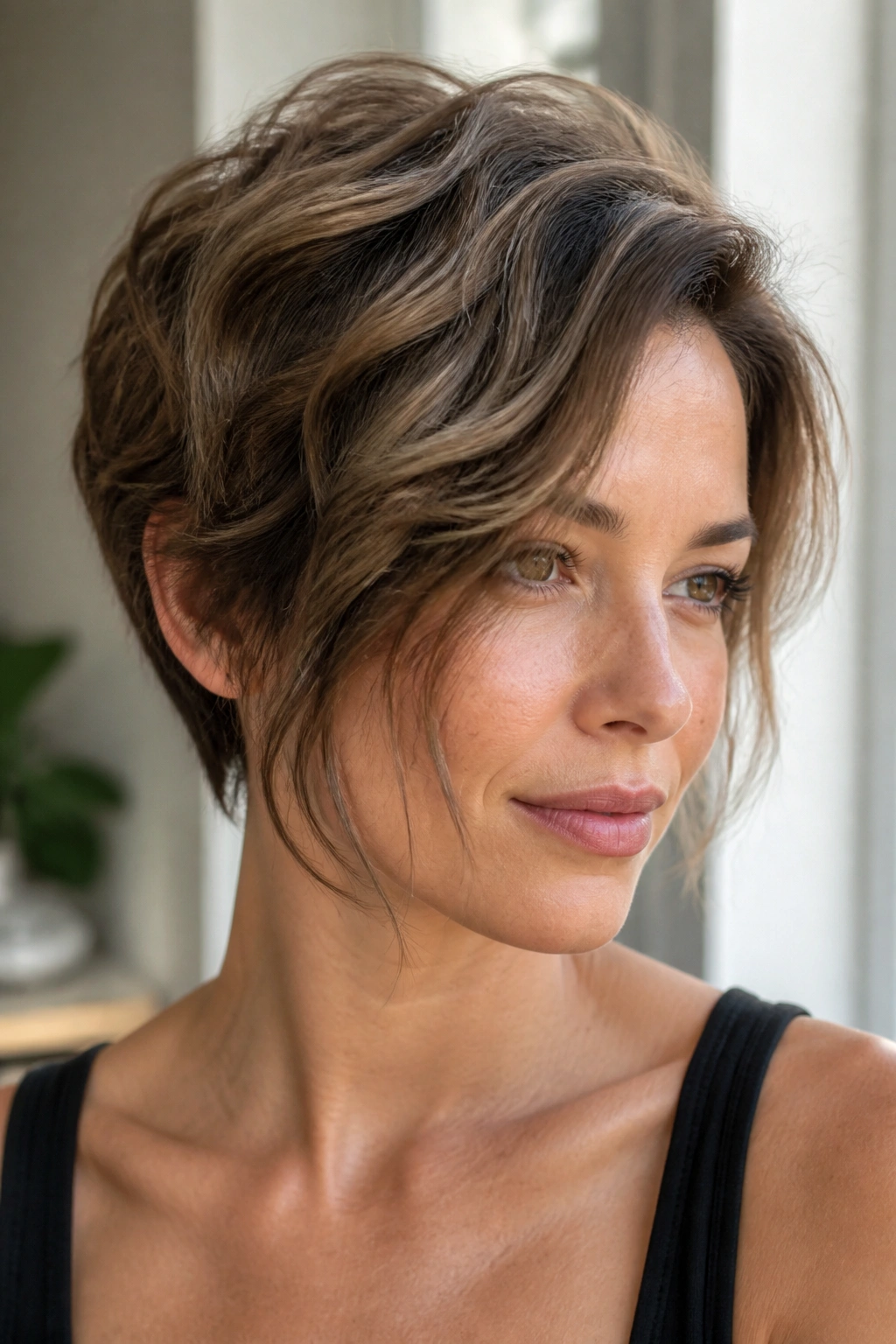 Real woman with soft-wave long pixie and face-framing pieces in natural light
