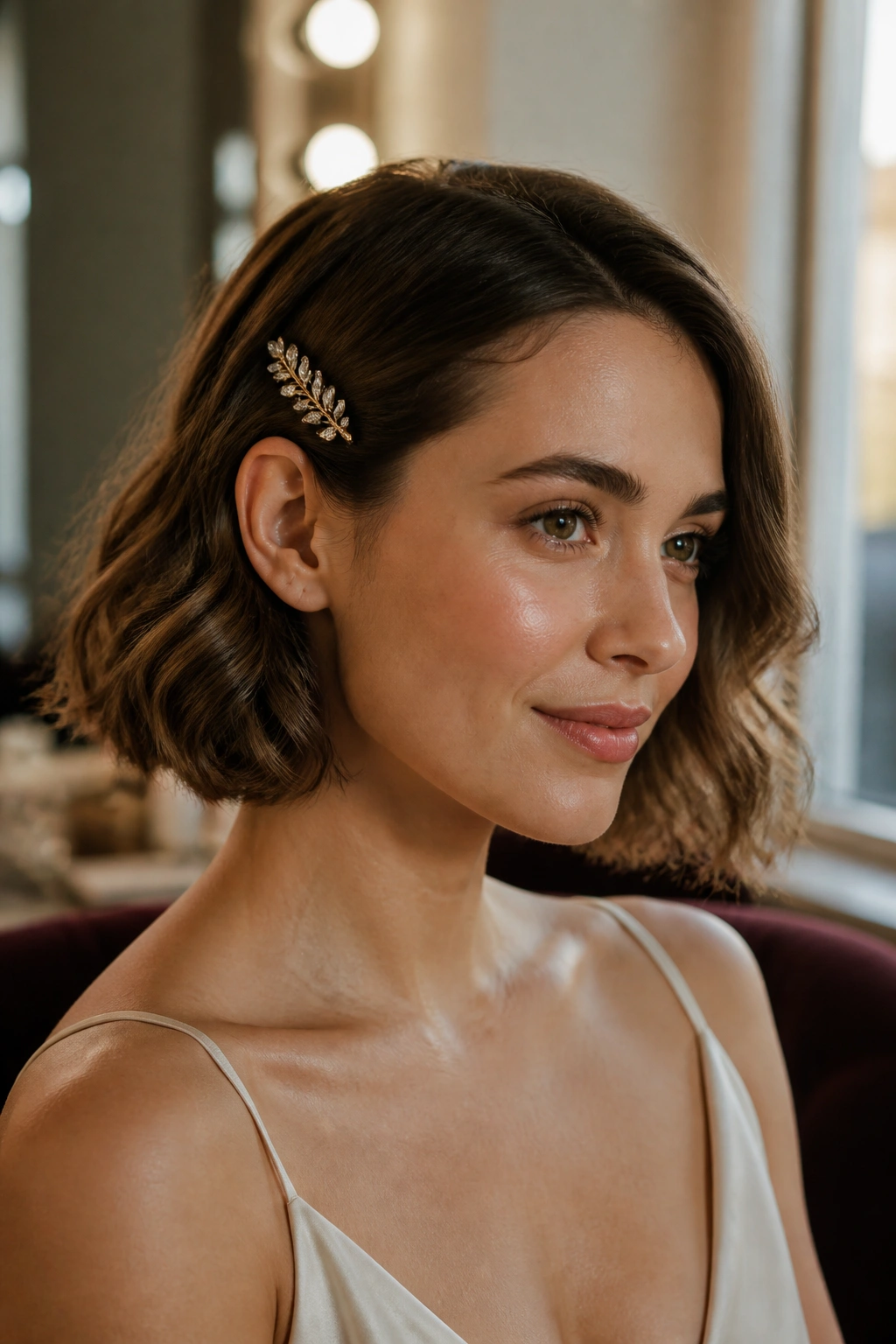 Close-up of a real woman with soft waved bob and tiny comb above the ear