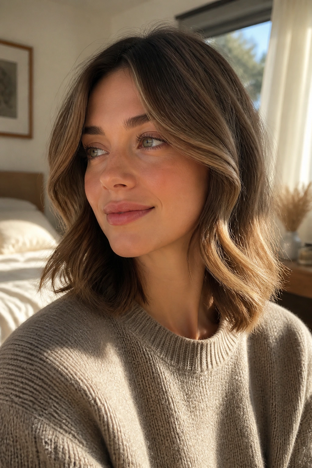 Close-up of soft waves with brushed-through ends on shoulder-length hair in warm window light