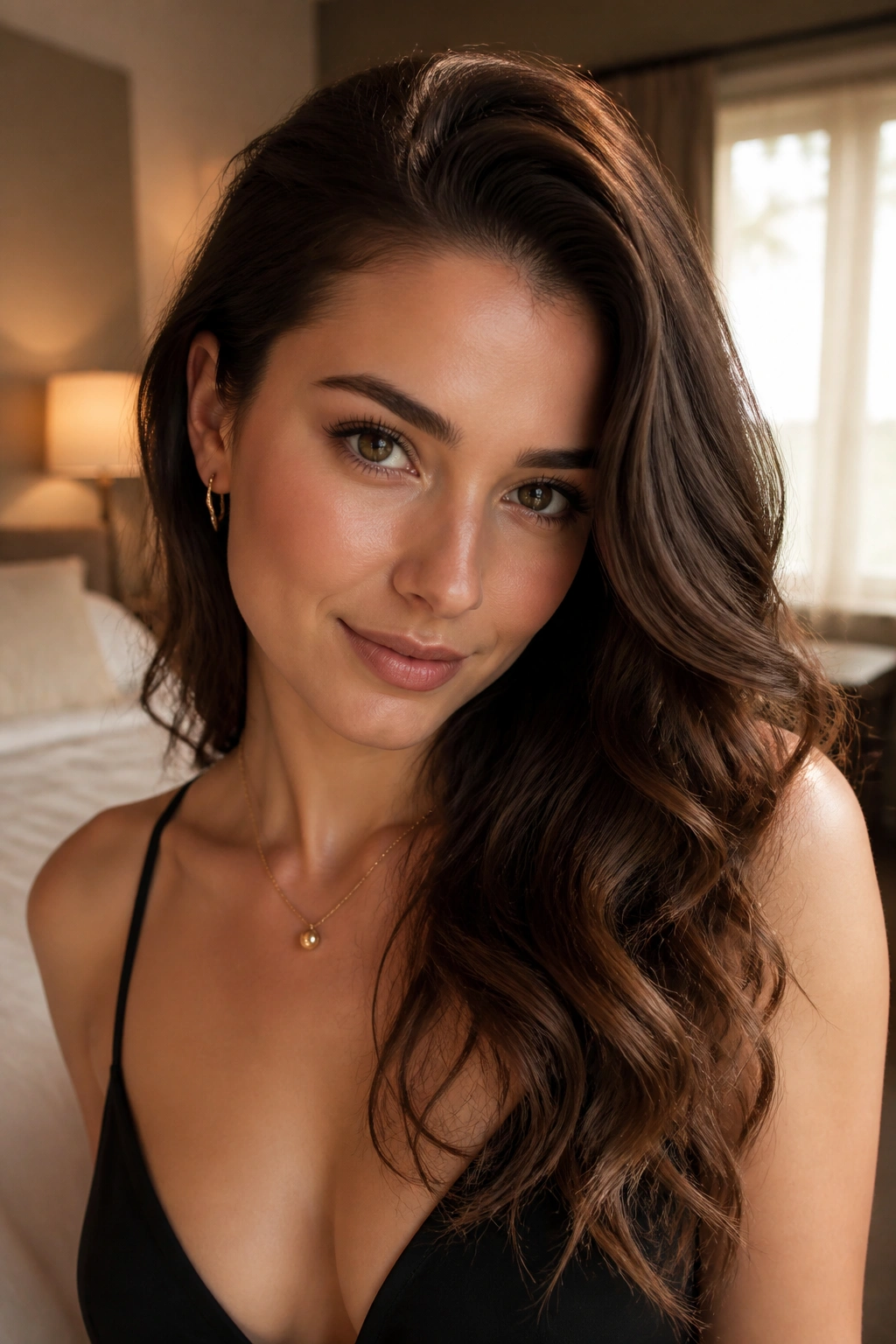 Close-up of a real woman with soft waves and a deep side part in warm bedroom light