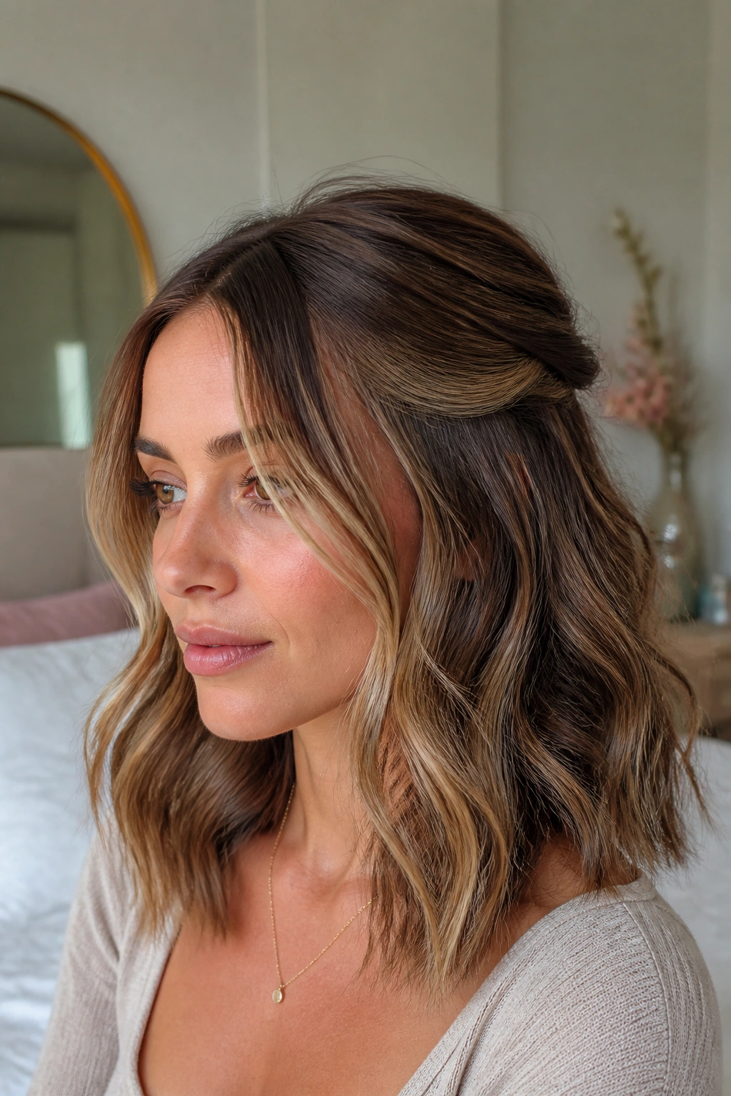 Portrait of a woman with soft waves and face-framing pieces