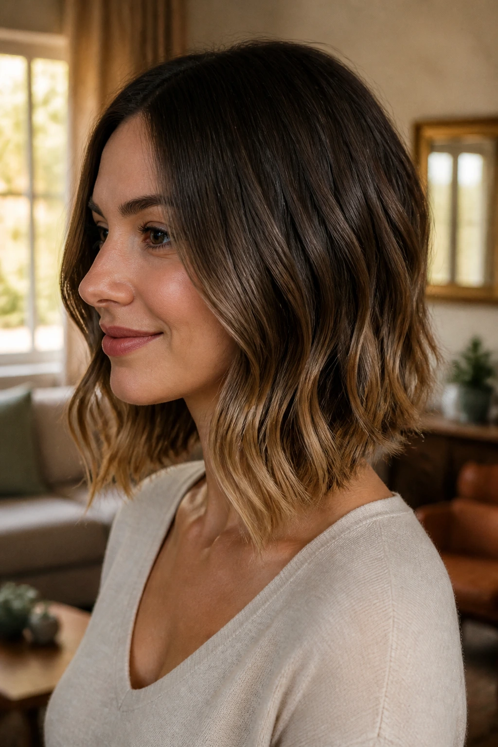 Portrait of a real woman with soft waves starting below the chin in warm natural light