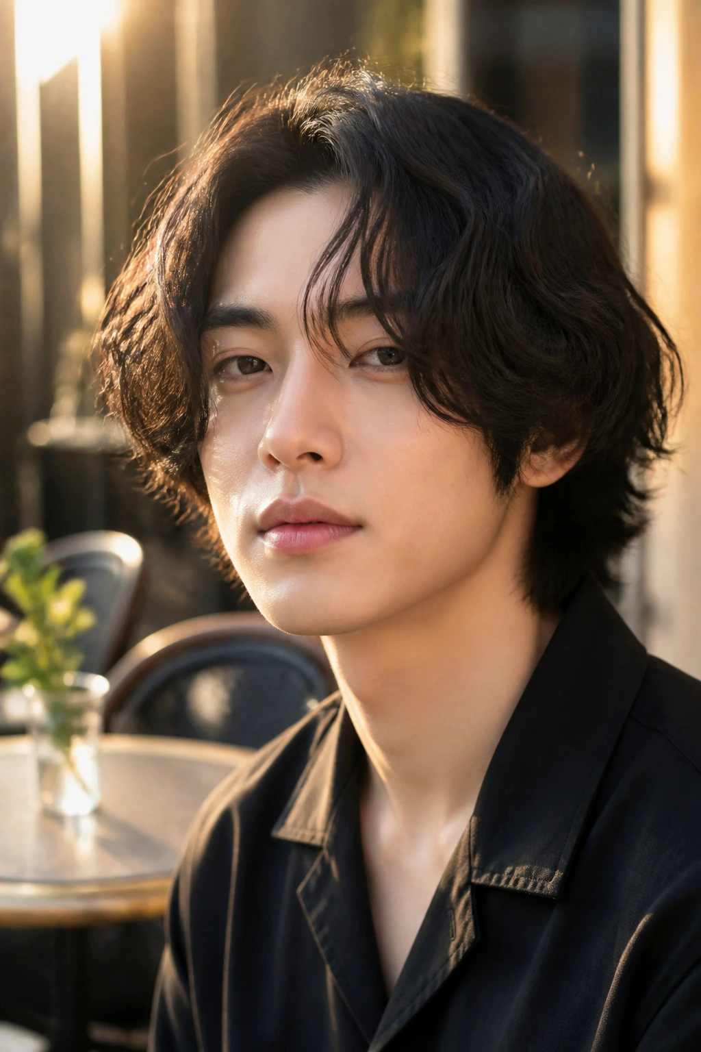 Close-up portrait of a real Asian man with soft waves at mid-length hair in warm outdoor light