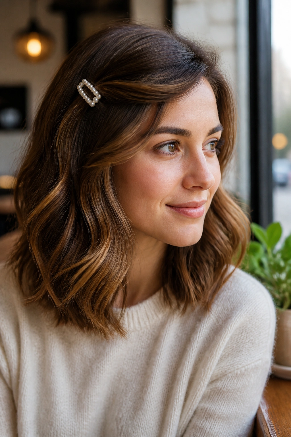 Close-up of a real woman with soft waves and a side clip at the temple.