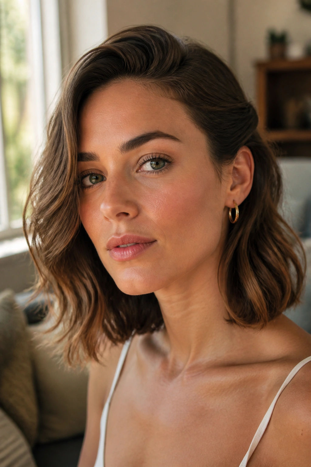 Portrait of a person with one side tucked behind the ear and soft waves on the other side.