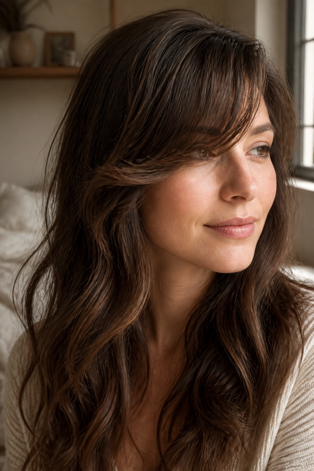 Close-up portrait of a real woman with soft wavy side-swept bangs bending naturally
