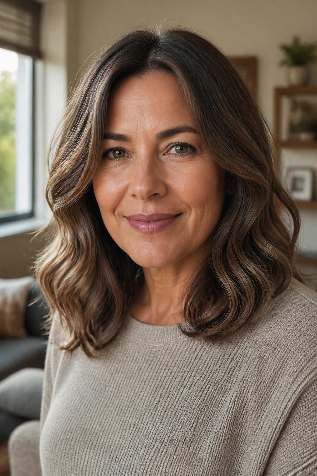Close-up of a woman with soft wavy midlength hair and silver strands