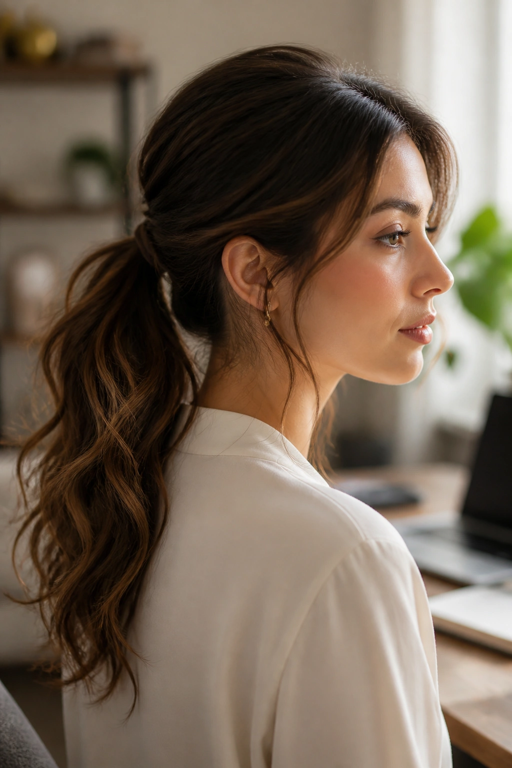 Close-up portrait of a real woman with soft wavy ponytail in a cozy workspace
