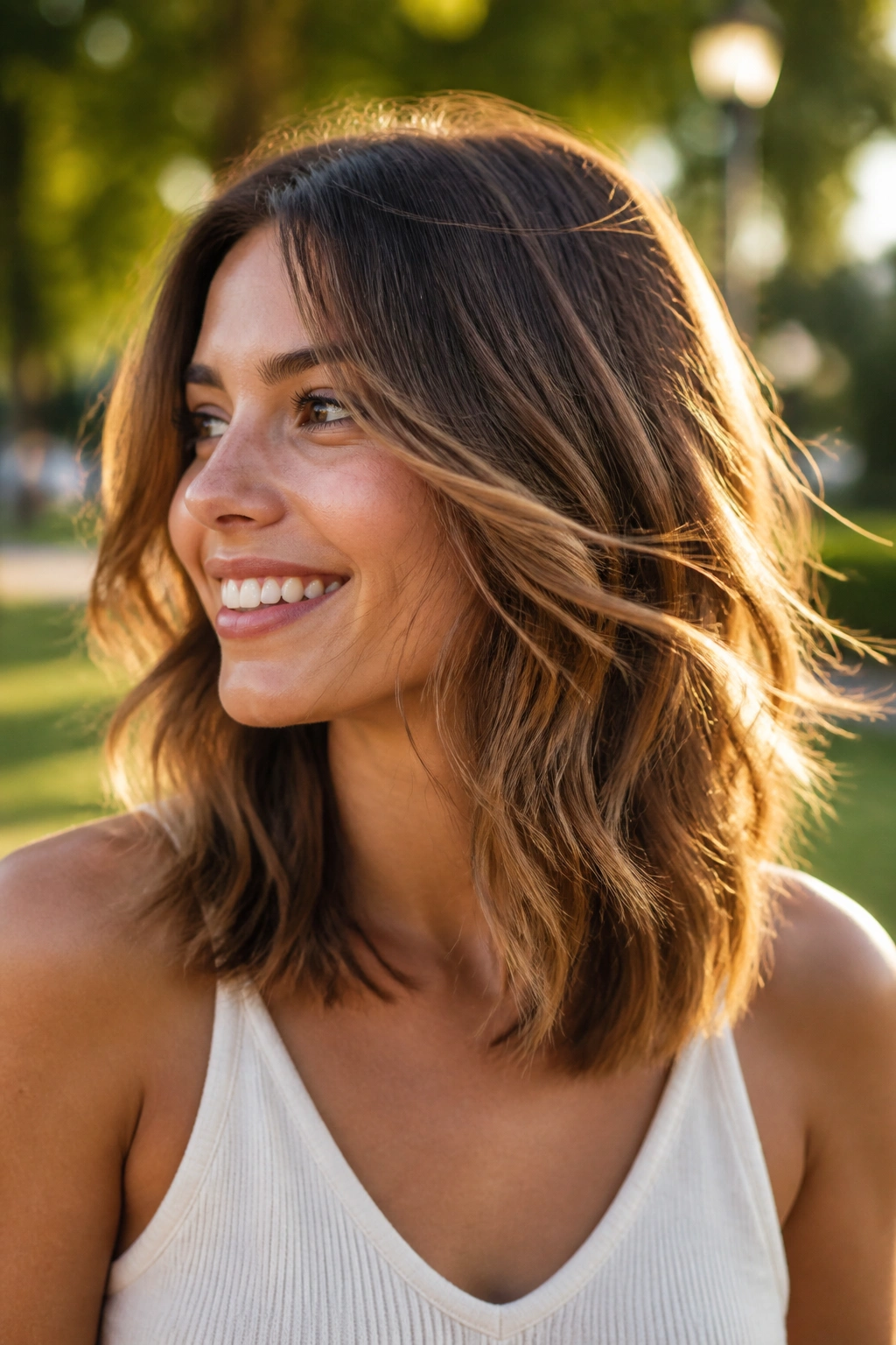 Portrait of a real person with soft wavy shoulder-length step cut