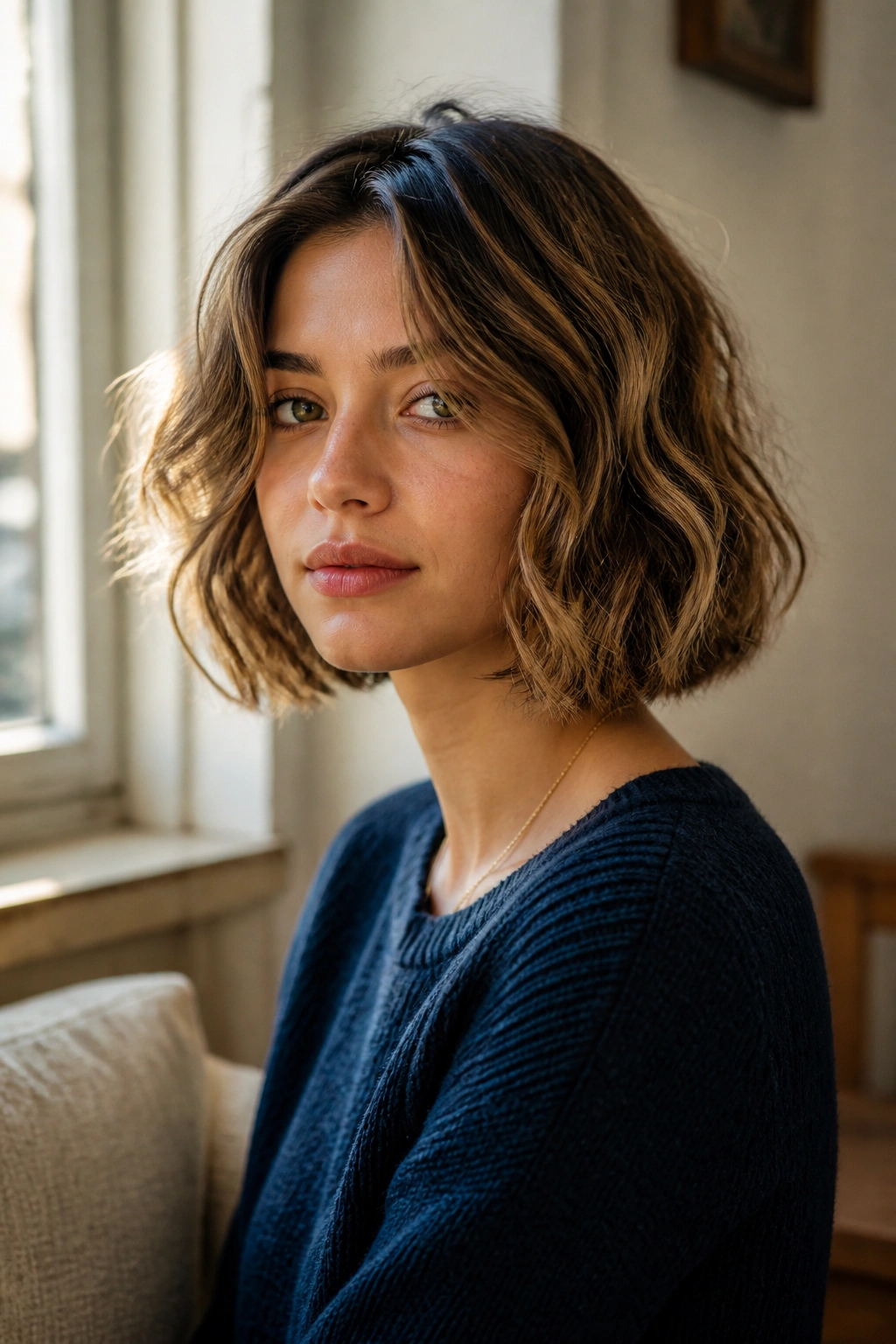 Portrait of real person with soft wavy varsity bob by window light
