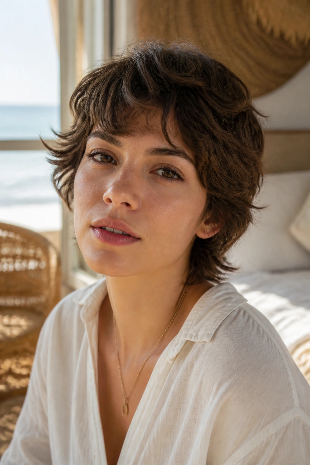Real person with soft wavy wolf crop in sunlit window light