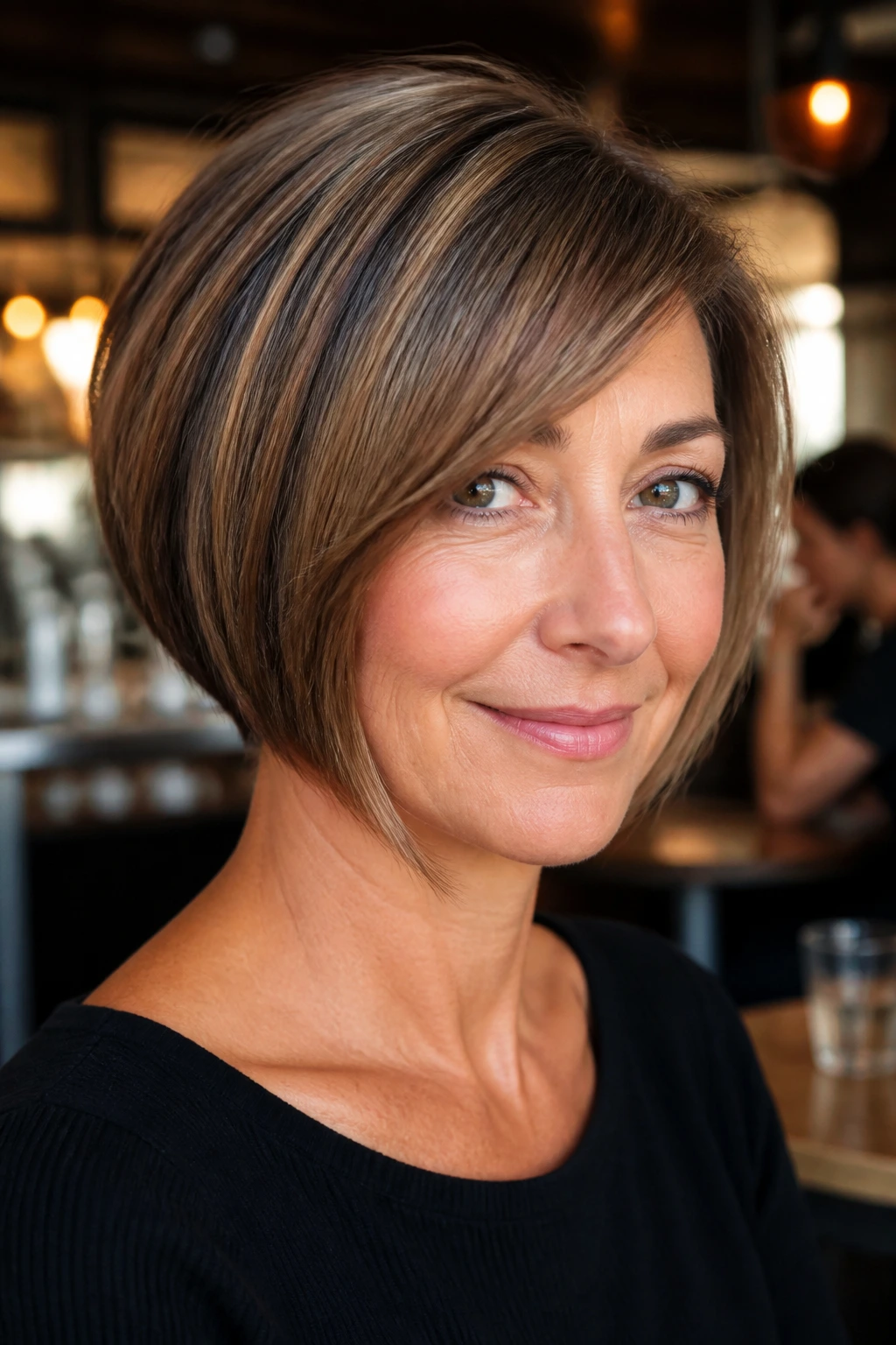 Close-up portrait of a real person with soft wedge bob and side-swept fringe.