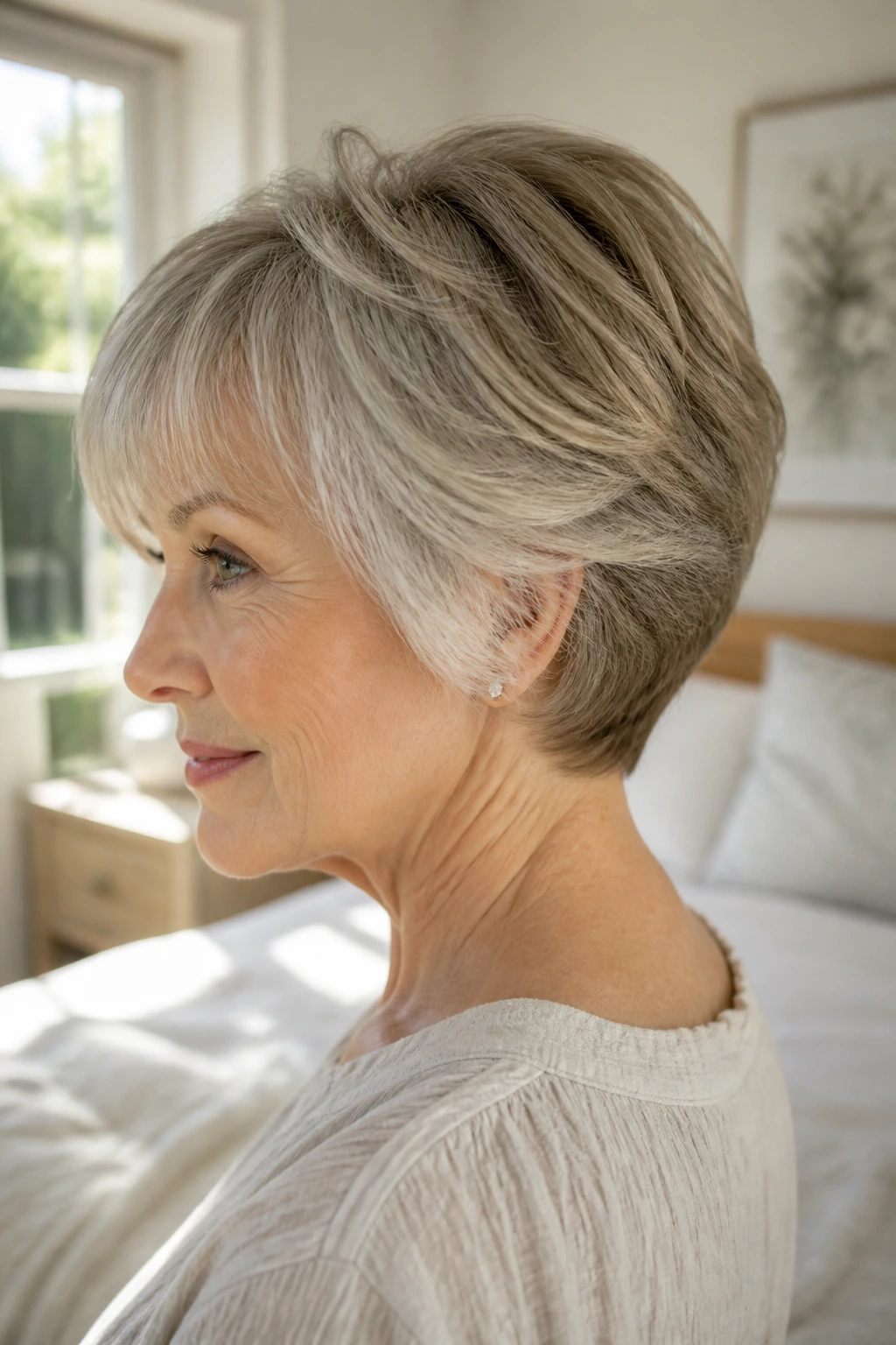 Close-up of an older woman with a soft wedge cut