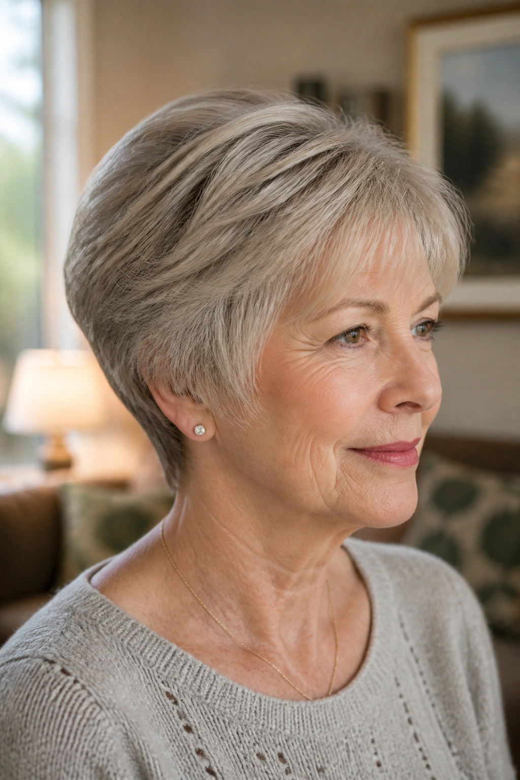 Close-up portrait of a real woman with a soft wedge cut and crown lift