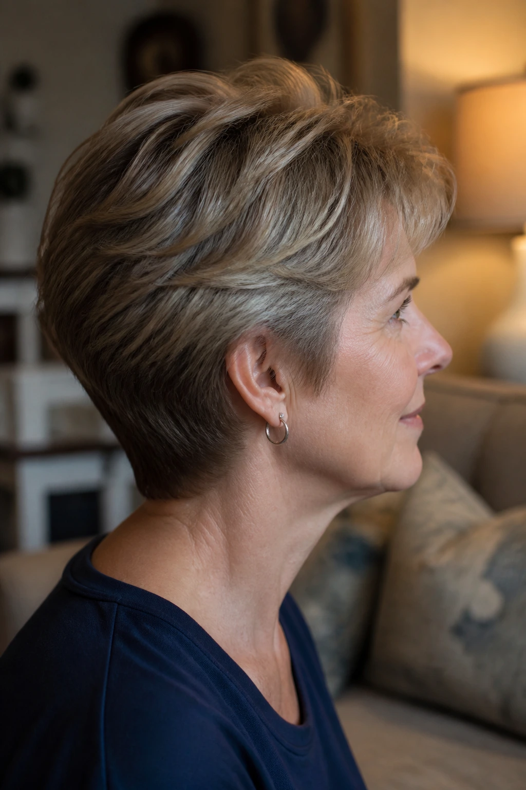 Profile portrait of real person with soft wedge cut in warm indoor light