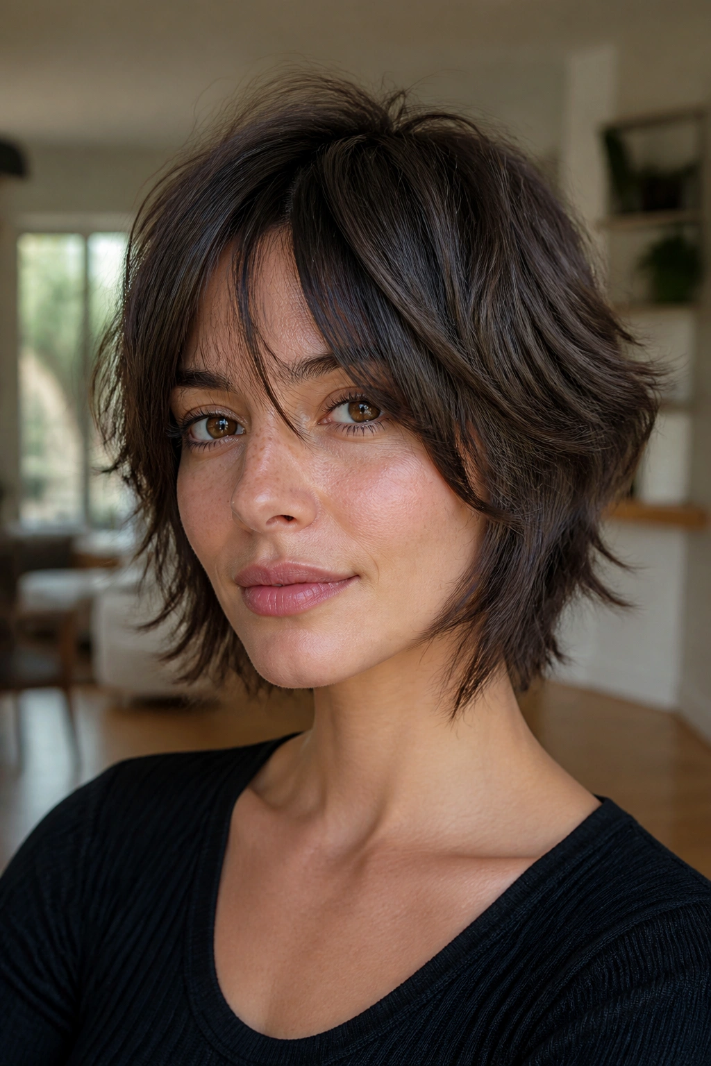 Close-up portrait of a real person with soft wolf bob and tapered layers.