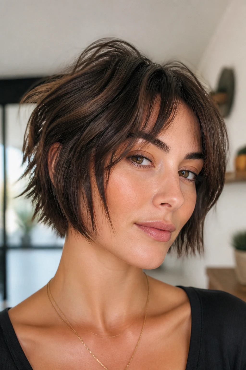 Close-up portrait of a woman with a soft wolf bob at chin level under warm window light
