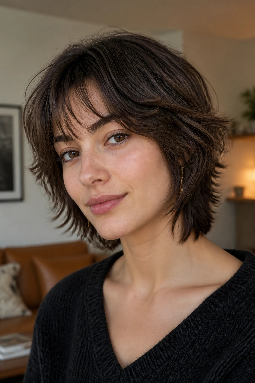 Portrait of a real person with soft wolf bob hairstyle.