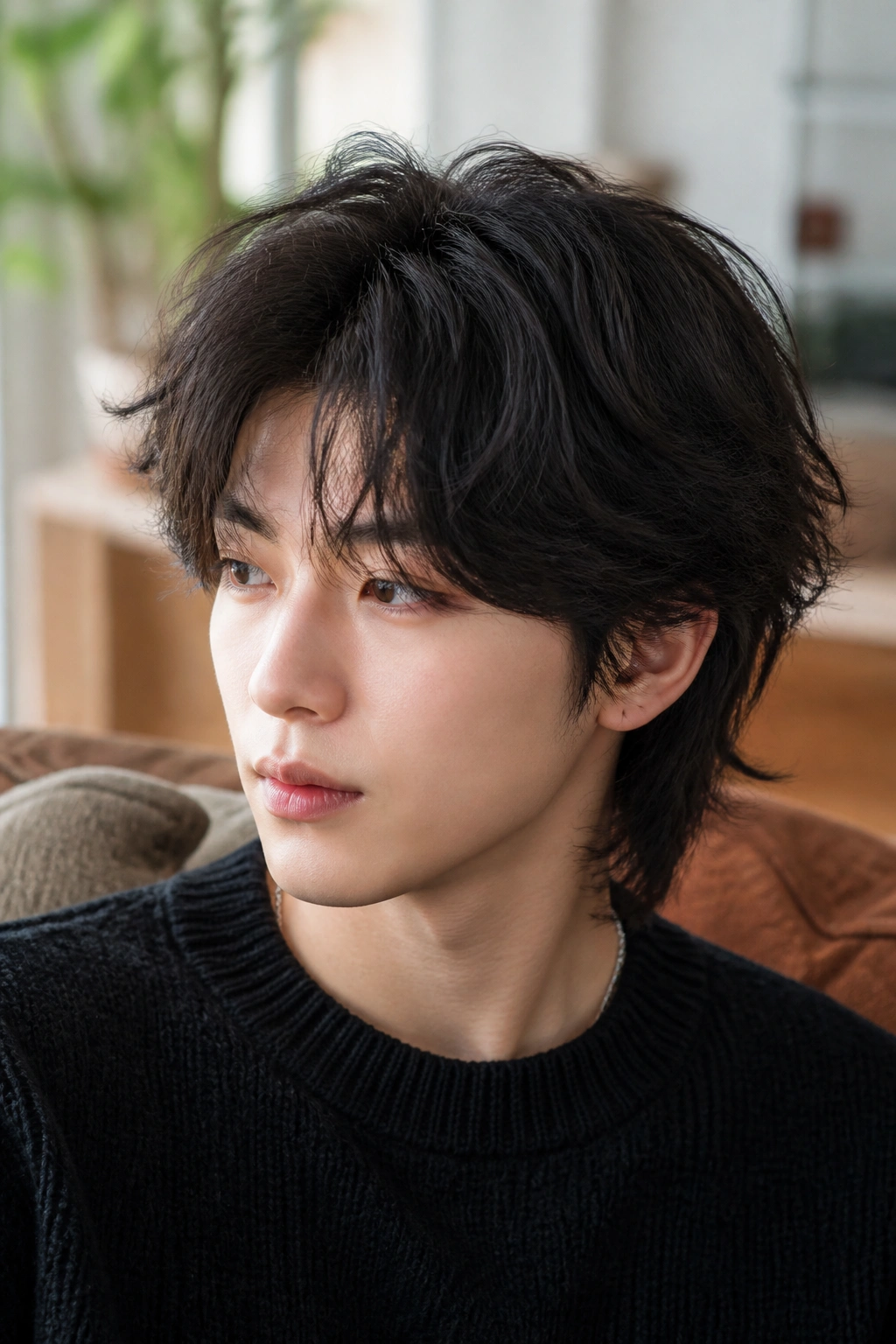 Medium close-up of a man with soft wolf cut and broken layers in a cozy room