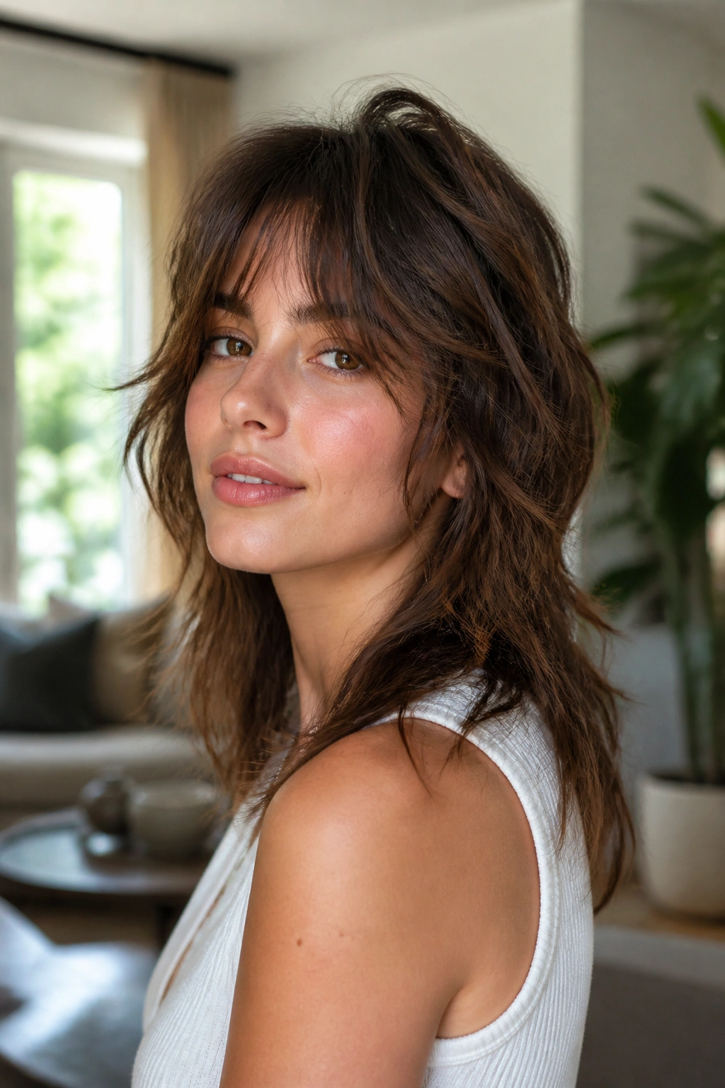 Close-up of a real woman with a soft wolf cut and gentle layering