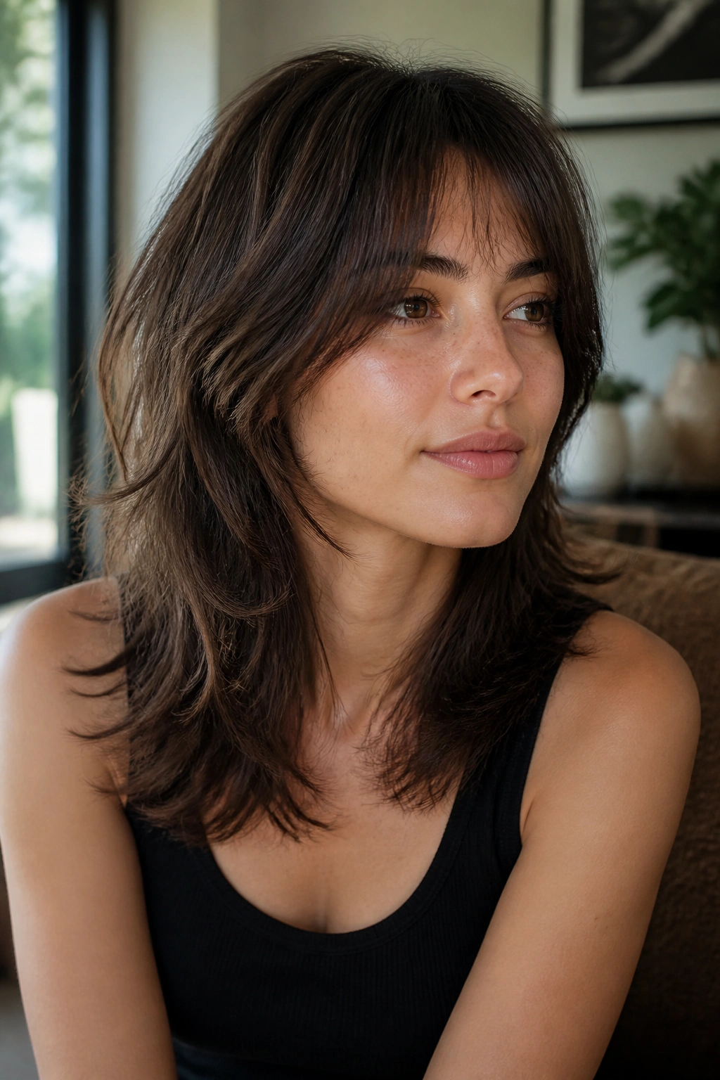 Close-up portrait of a real woman with a soft wolf cut and gentle movement.
