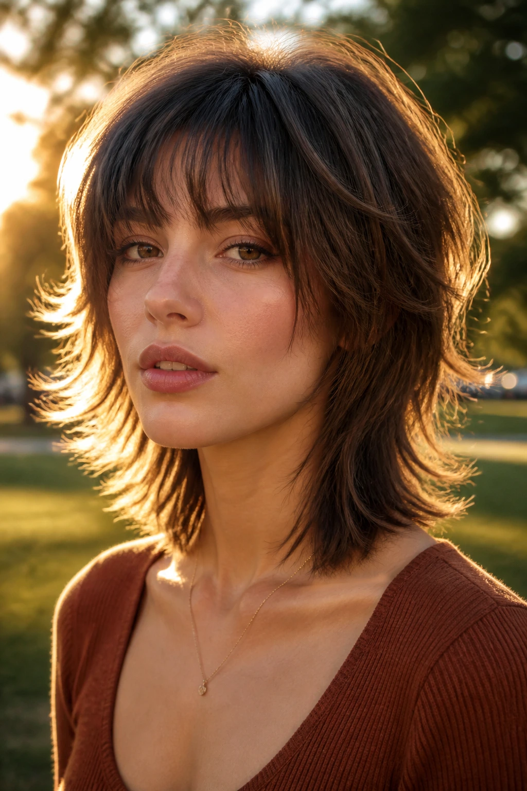 Real woman with soft wolf cut showing crown volume and tapered ends