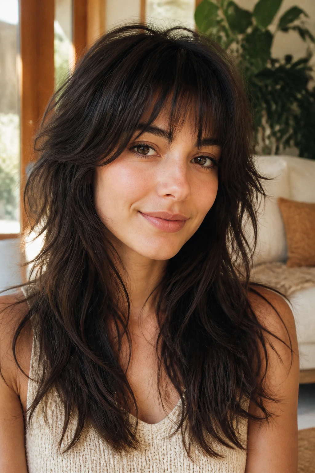 Close-up of a real woman with a softer wolf cut in a sunlit living room