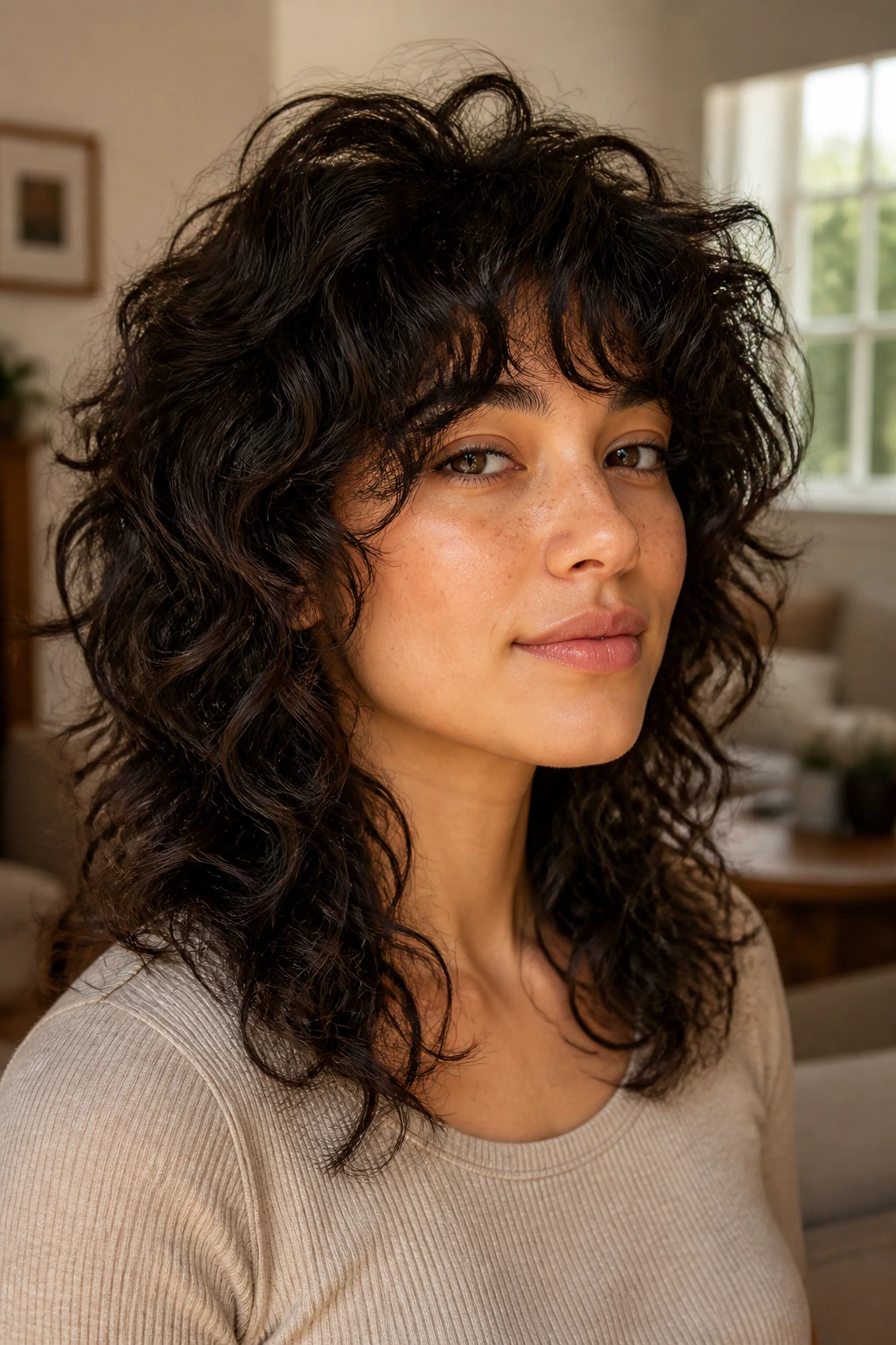 Close-up of a real person with a soft wolf-cut shag on natural curls in warm indoor light