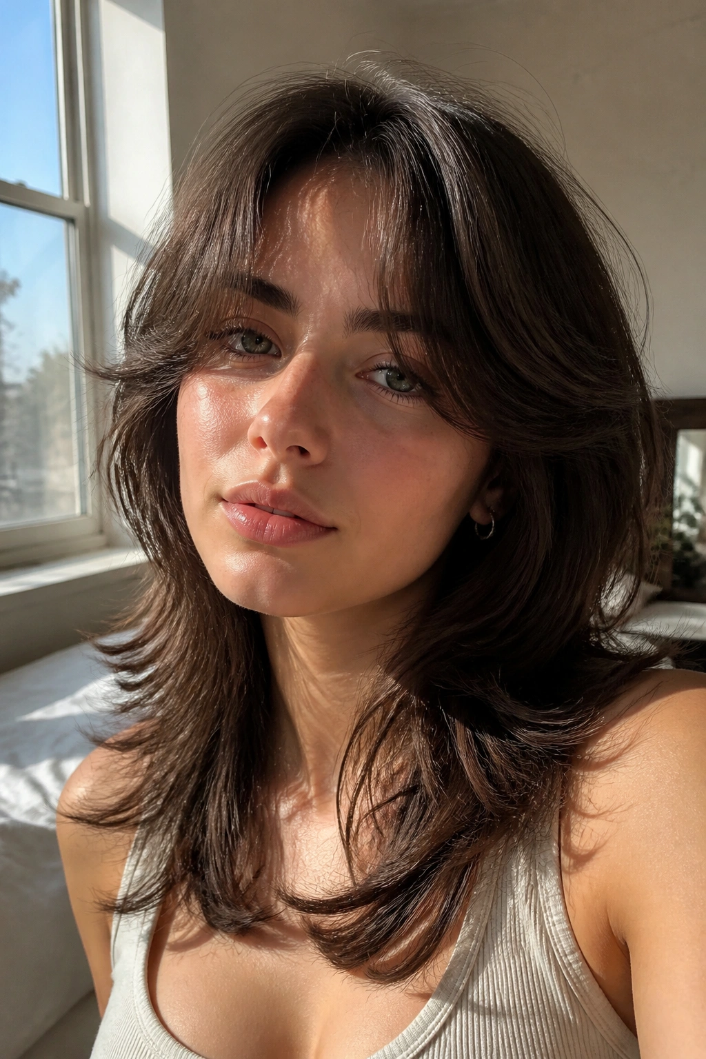 Close-up portrait of a real woman with soft wolf cut and curtain bangs in window light