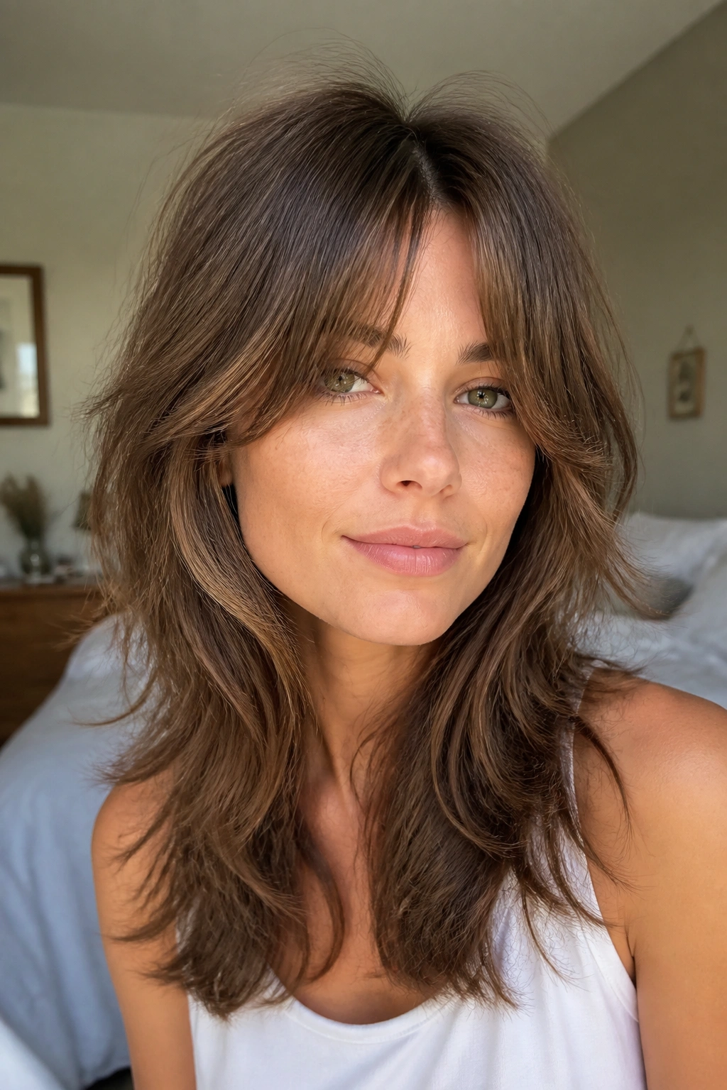 Close-up portrait of a real person with a soft wolf cut that grows out gracefully and long curtain bangs