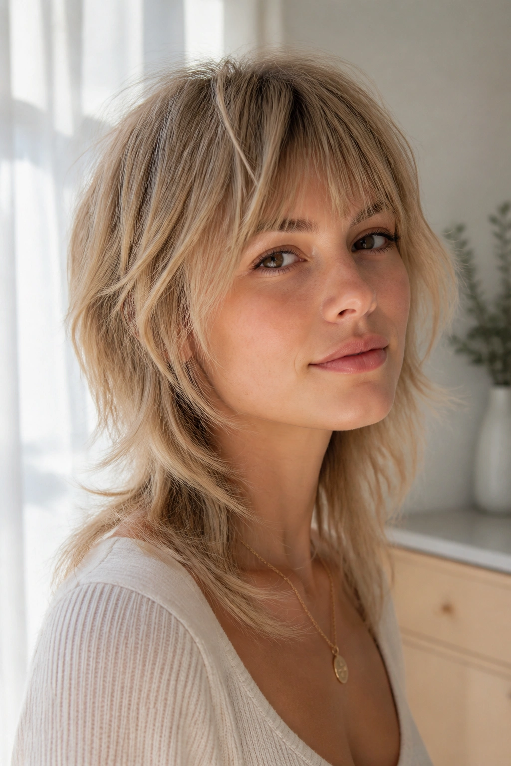 Close-up of a real woman with a soft wolf cut for fine hair in bright natural light.