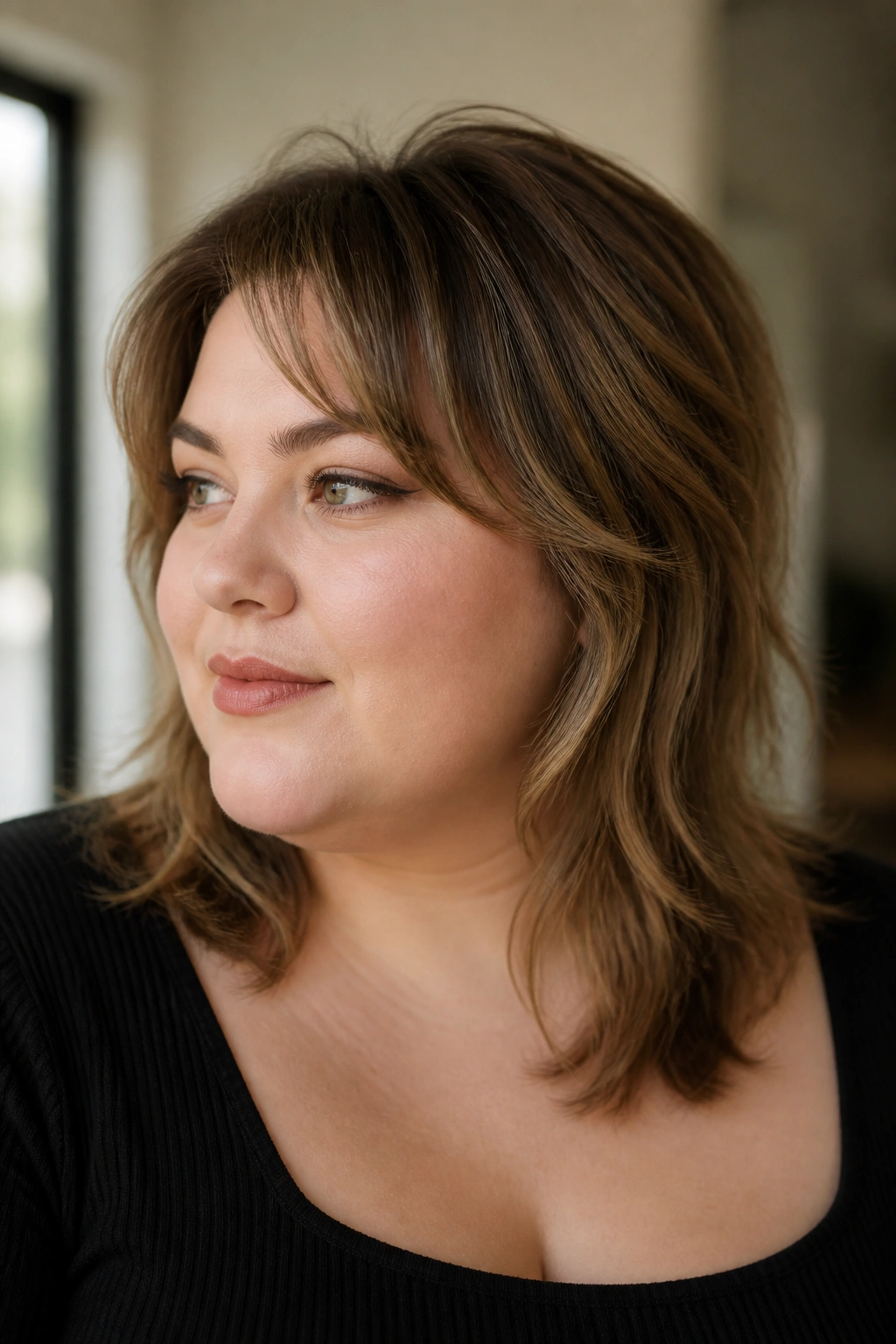 Portrait of a real woman with a soft wolf cut for fine hair
