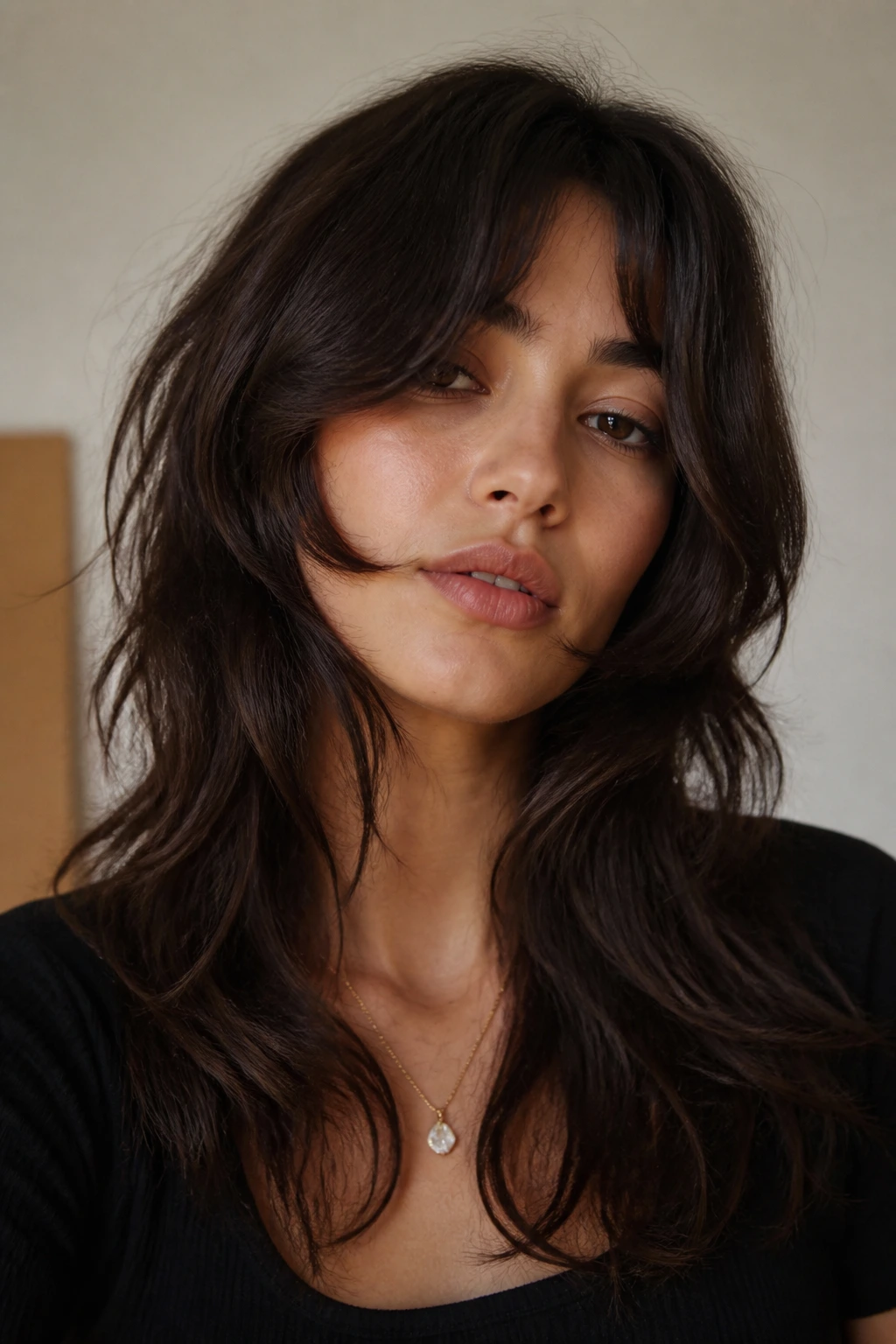 Close-up of real woman with soft wolf cut and cheekbone-framing fringe