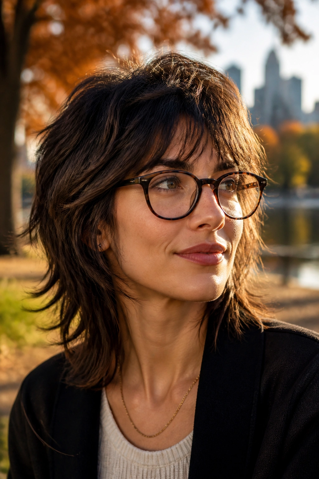 Portrait of a woman with a soft wolf cut and glasses in a park scene.