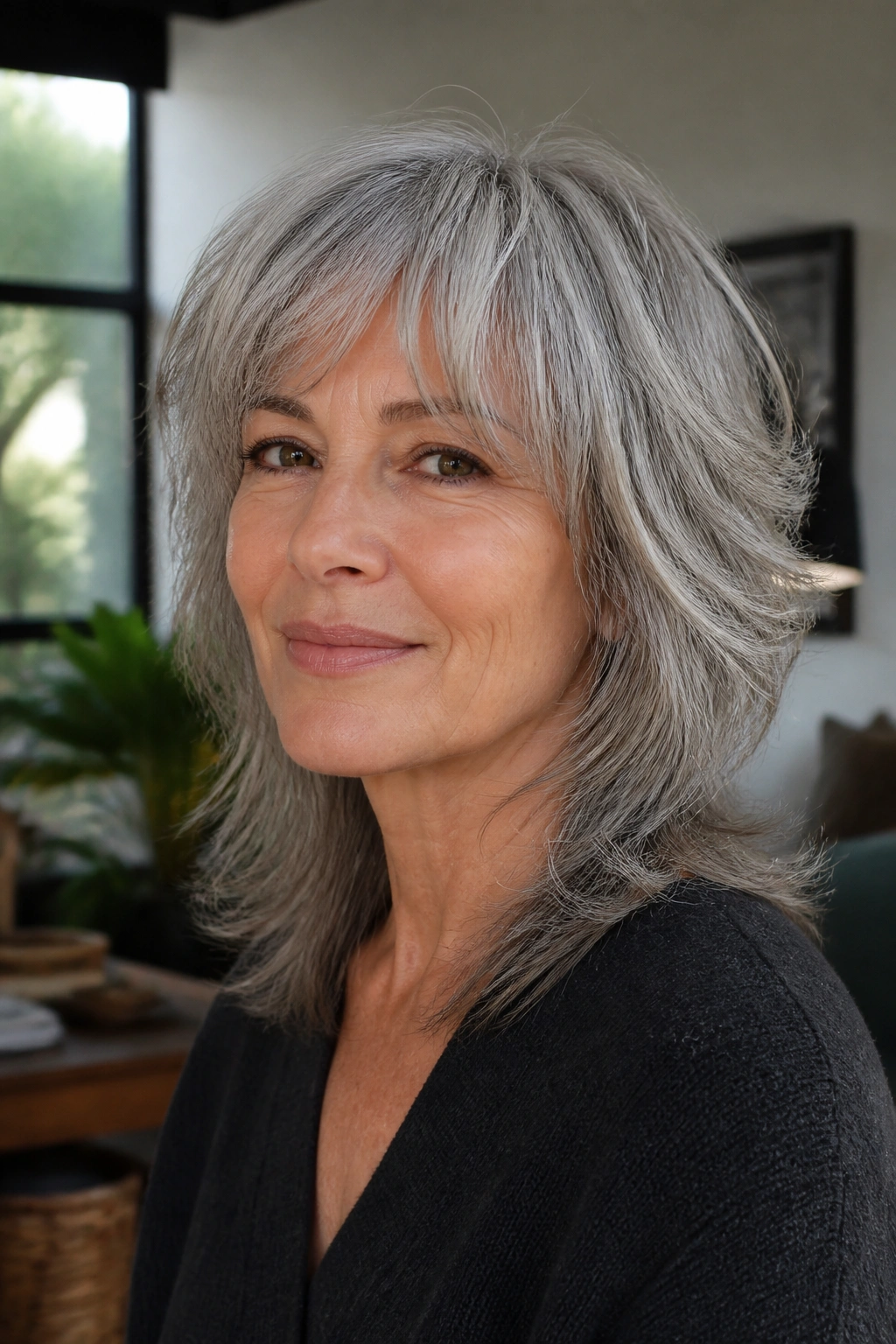Close-up portrait of a real mature woman with a soft wolf cut and airy gray ends.