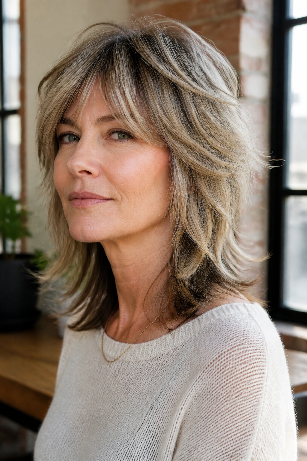 Close-up of a real woman with a soft wolf cut in a sunlit loft.