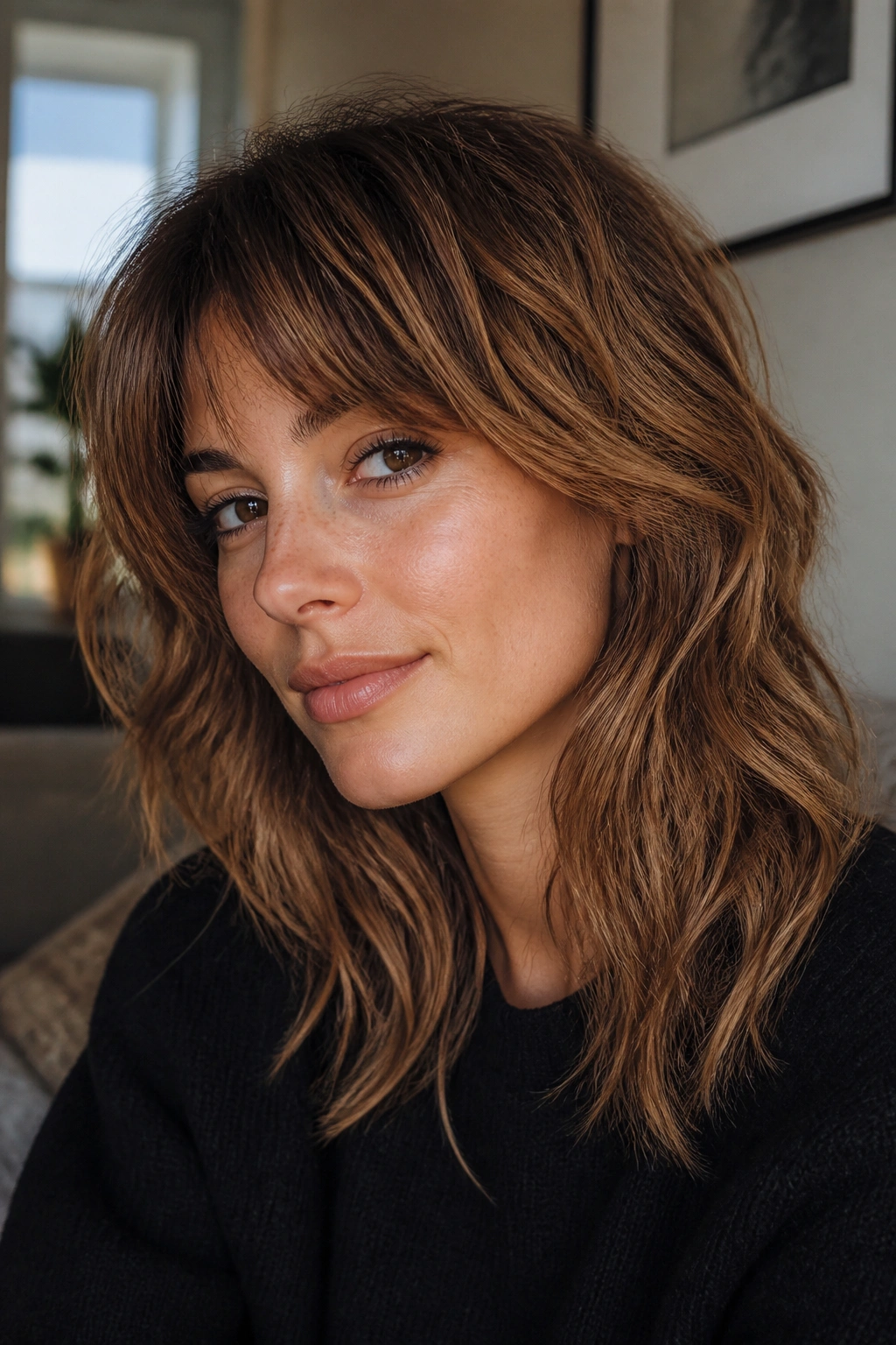 Portrait of real woman with soft wolf cut, textured waves, in cozy daylight setting.