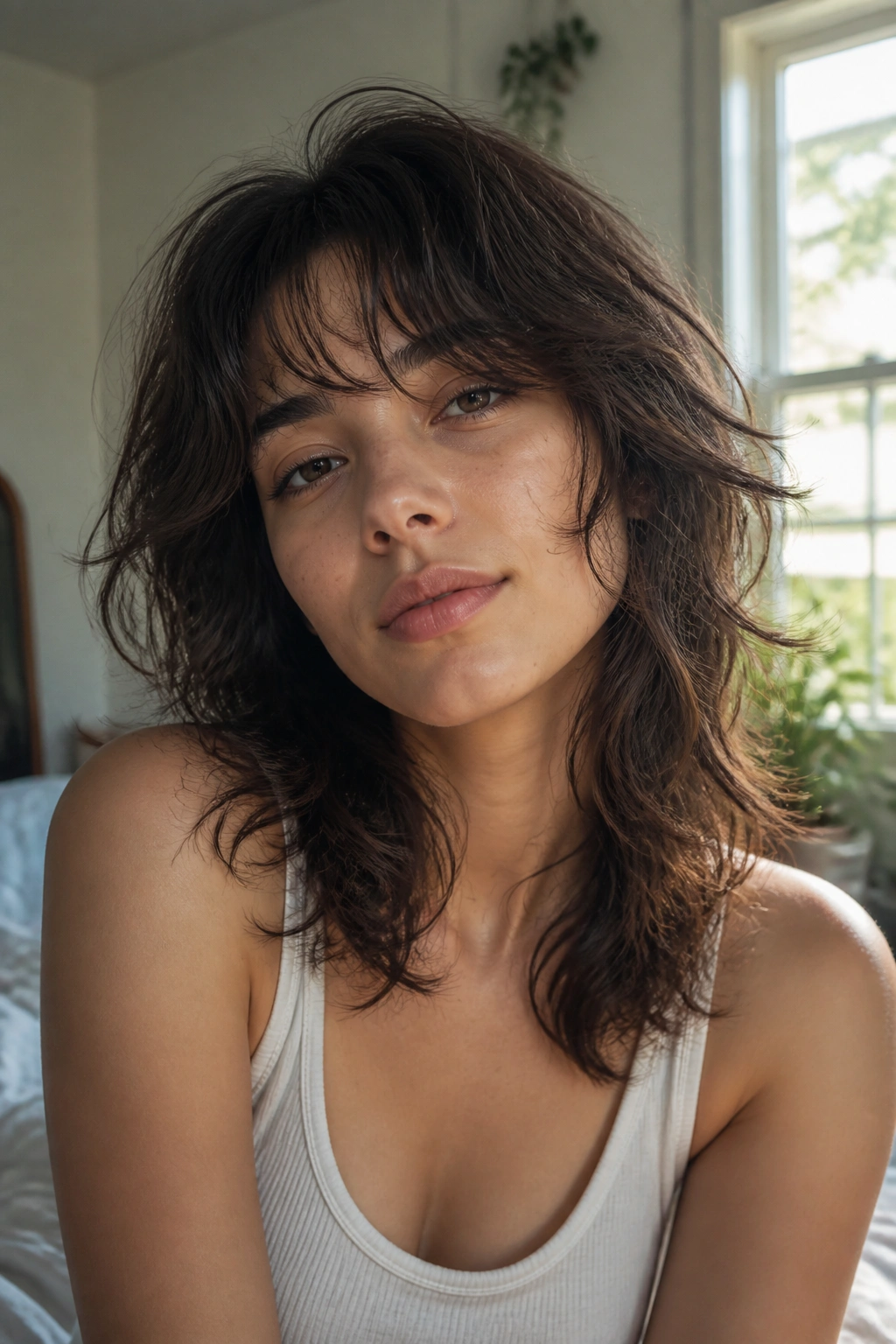 Close-up portrait of a person with a soft wolf cut and relaxed, natural waves.