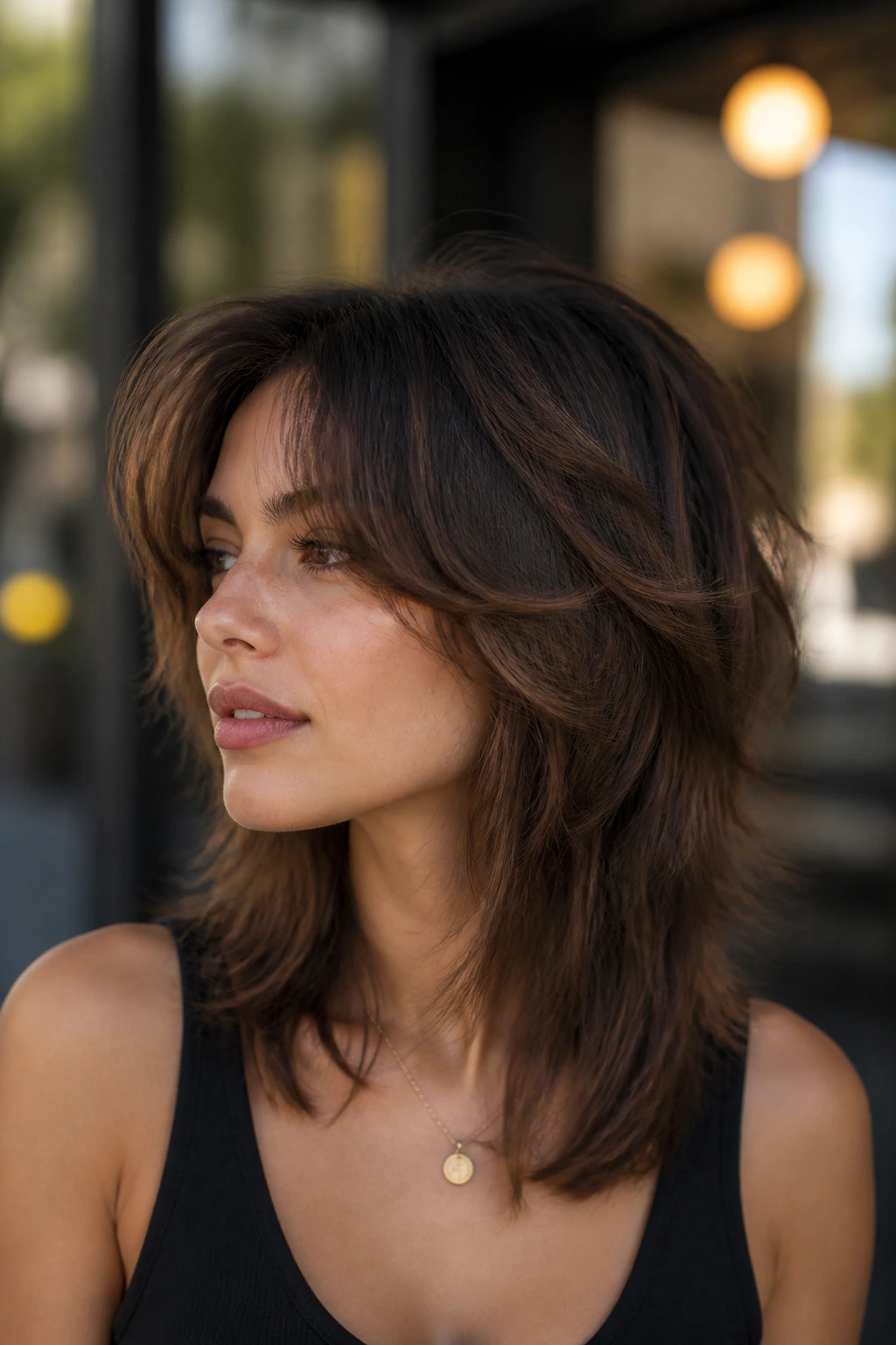 Close-up portrait of a real woman with a soft wolf cut and controlled layers